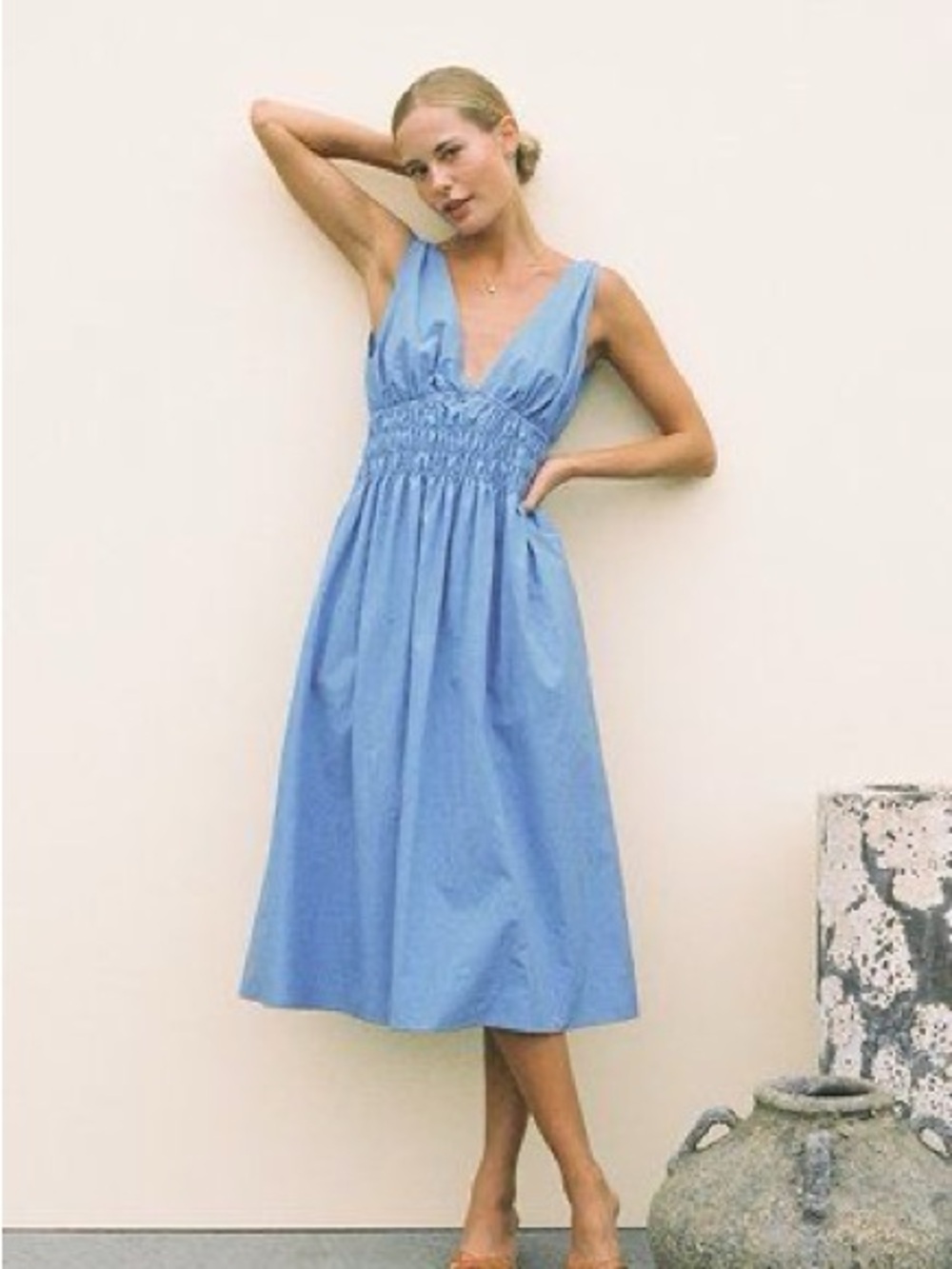 Ciao Lucia Capa 100% Cotton Poplin Light Blue Smocked V‑Neck Midi Dress Pockets
